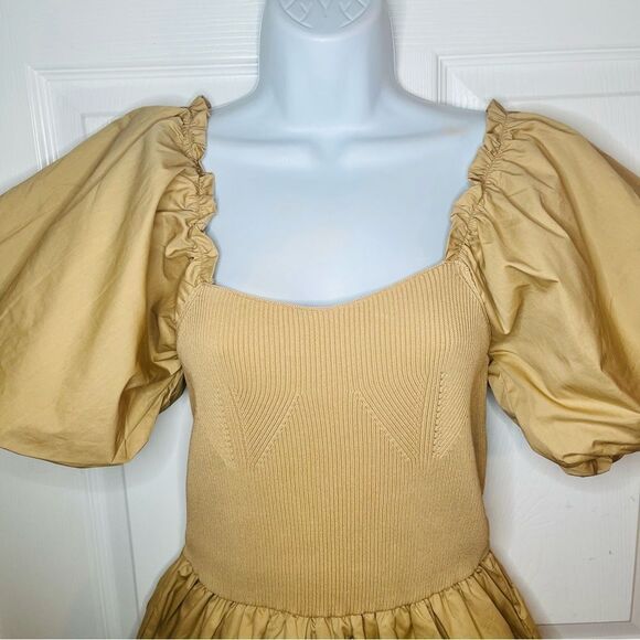 Endless Rose Mixed Media Puff Sleeve Tiered Mini Dress Tan S NWT - Picture 8 of 13